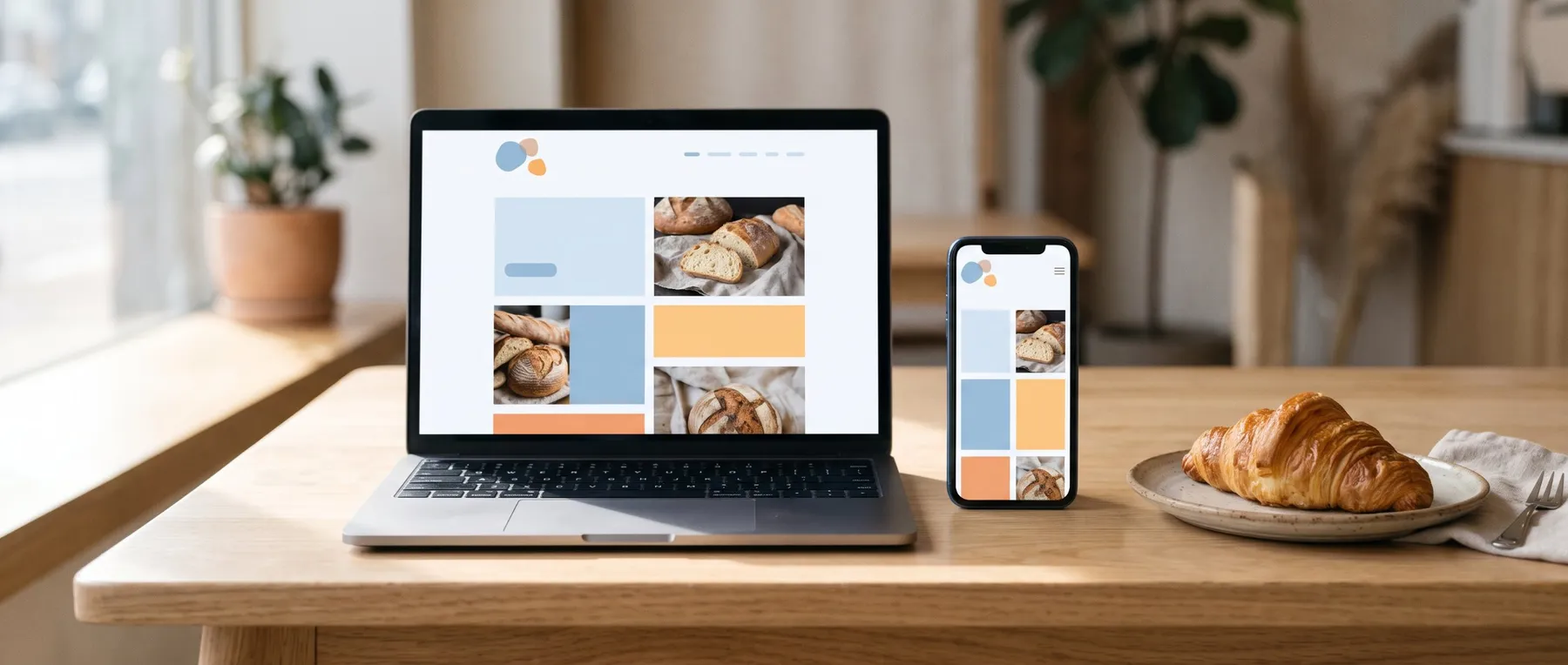 A laptop and a phone showing the same bakery website, with a croissant beside them
