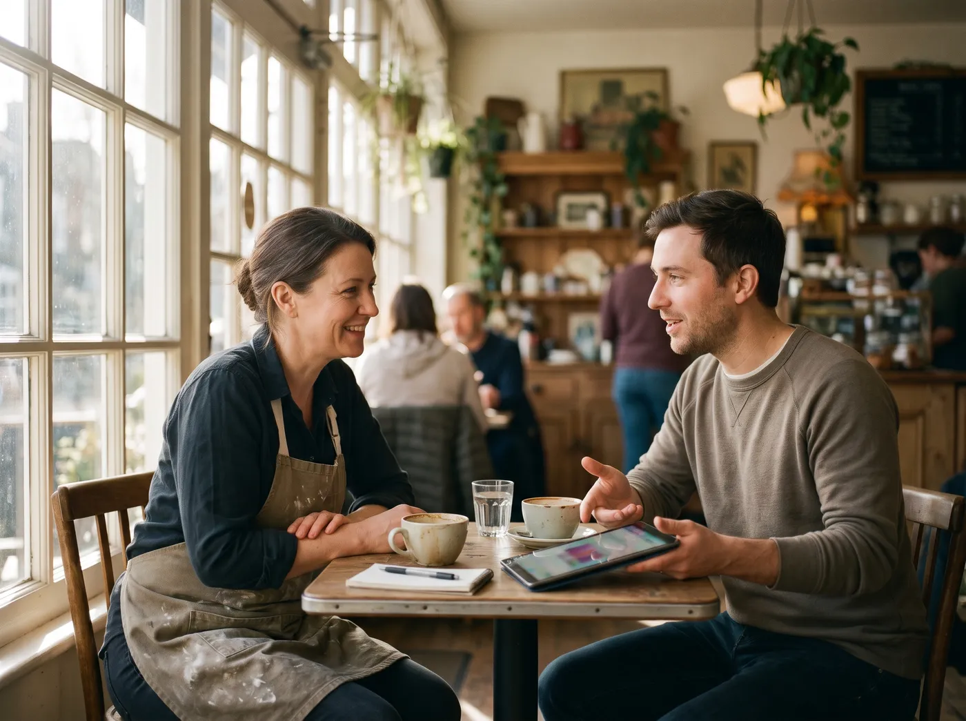 A shop owner and a web designer chatting over coffee in a sunny café