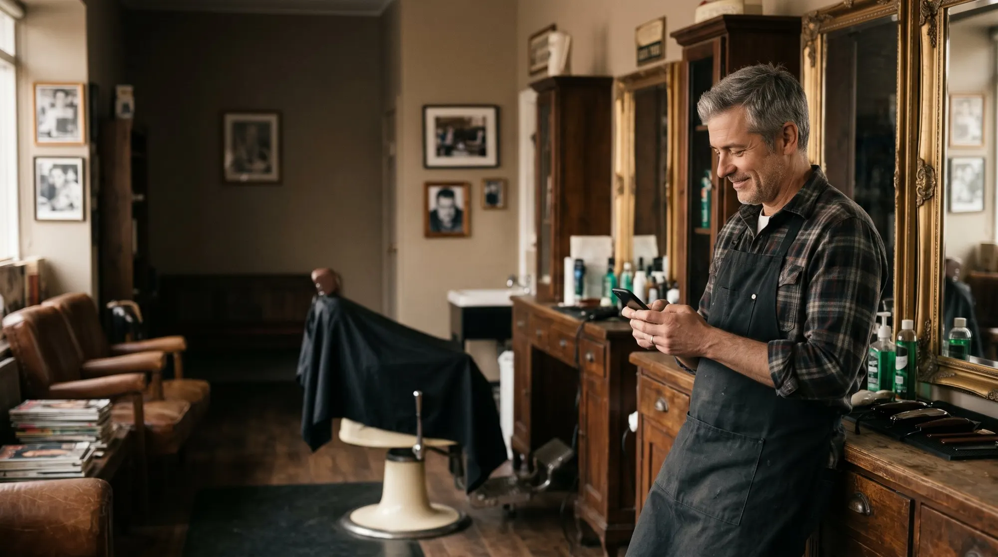 A barber leaning on his counter, smiling as he sends a quick text
