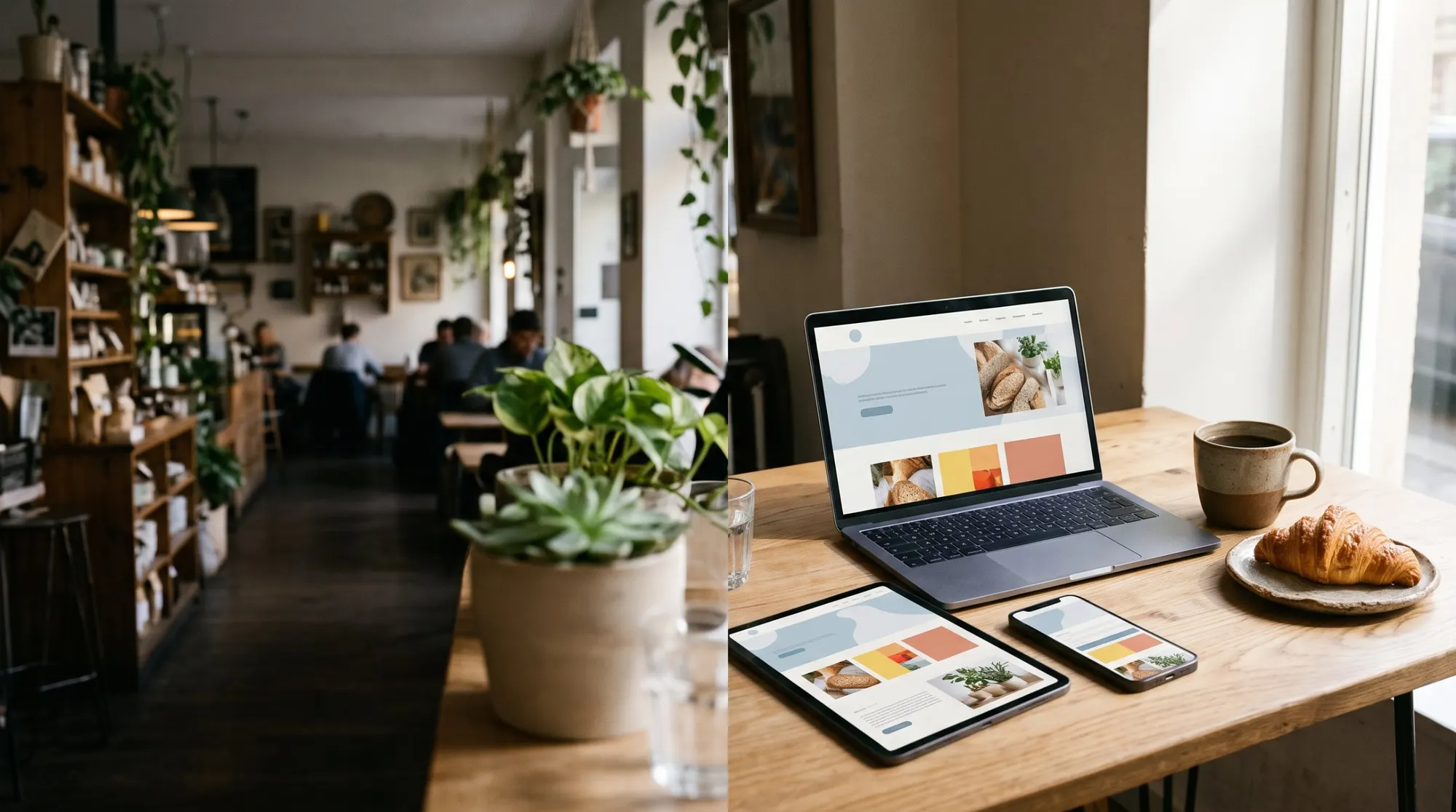 A laptop, tablet and phone on a café table, all showing the same website