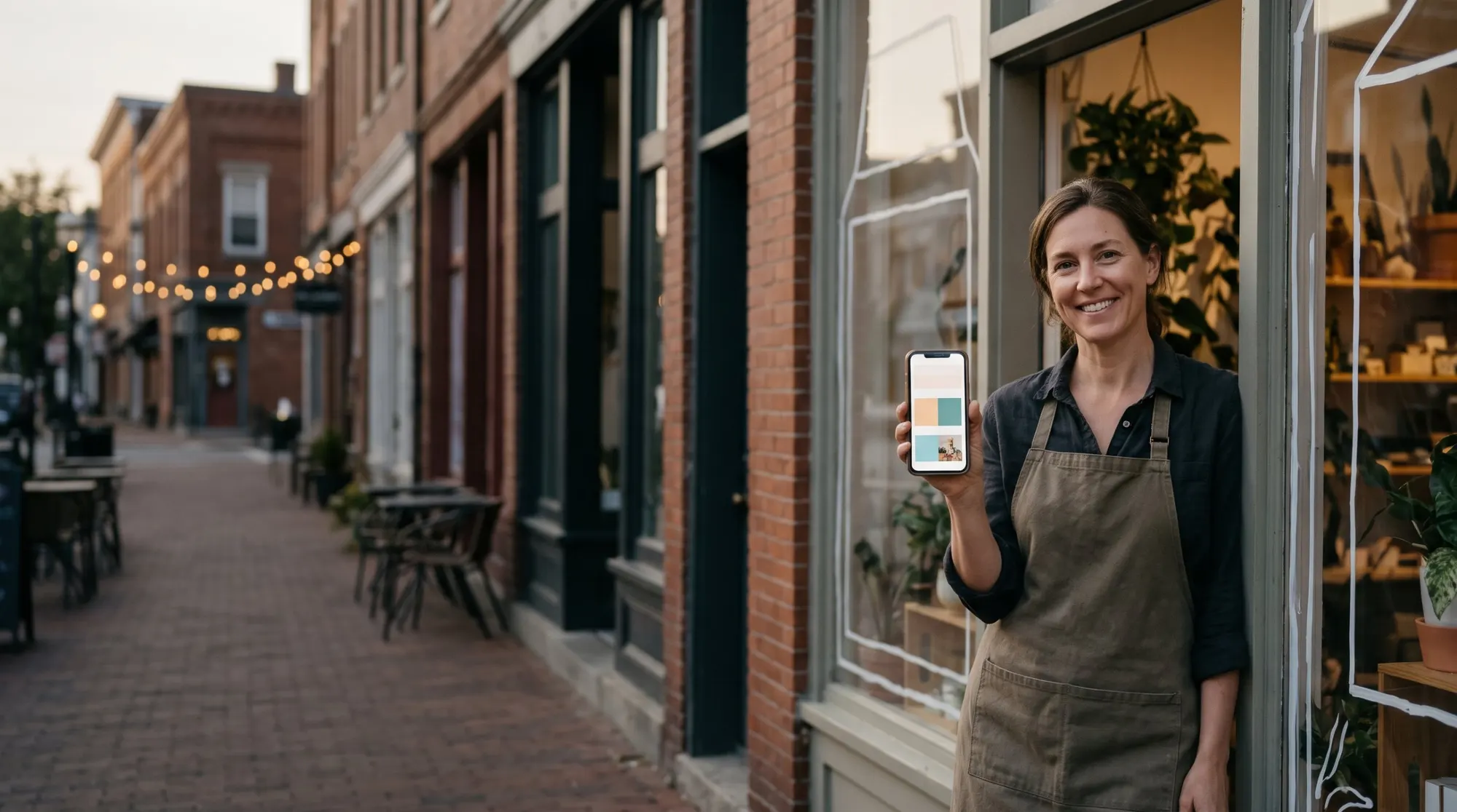 A smiling shop owner in her doorway on a brick main street, holding up her new website on her phone