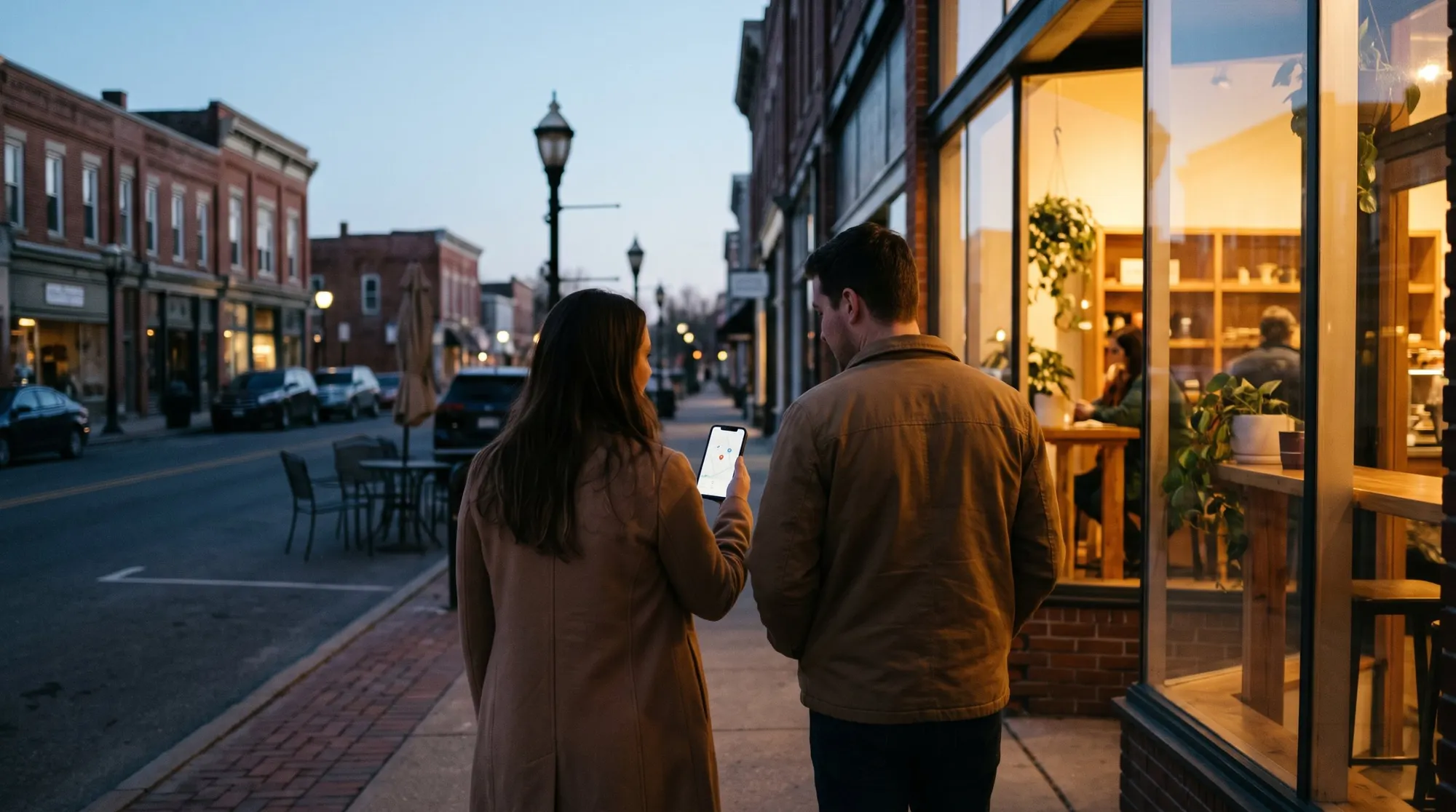 A couple on a small-town street at dusk, following a map on a phone to a glowing café