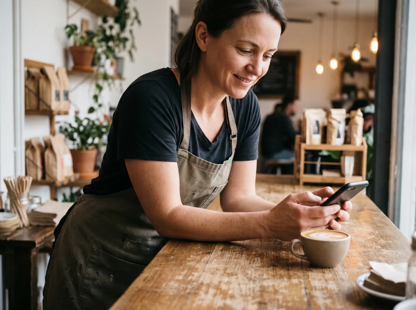 A café owner leaning on her counter, sending a quick text