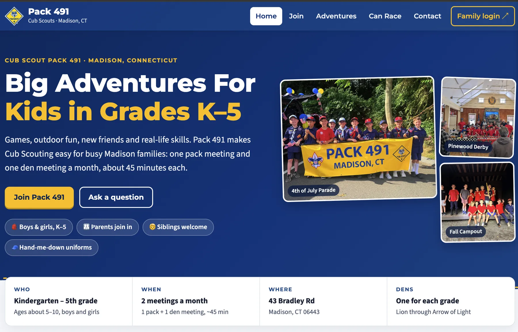 Screenshot of the Pack 491 homepage: Big Adventures for Kids in Grades K–5, with photos of the July 4th parade, Pinewood Derby and fall campout